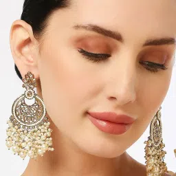 OOMPH Gold-Plated Jadau Kundan & Pearl Ethnic Large Dangler Earrings for Women image 3