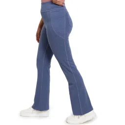 BlissClub Women Blue High Rise Polycotton Flare Pants With Four Pockets image 3