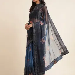 FABMORA Blue & Black Embellished Saree With Unstitched Blouse image 3