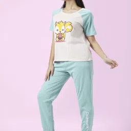 Dreamz by Pantaloons White Sage Green Cotton Graphic Print Top Pyjama Set image 3