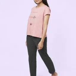 YU by Pantaloons Pink Grey Cotton Graphic Print Top Pyjama Set image 3
