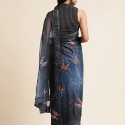FABMORA Blue & Black Embellished Saree With Unstitched Blouse image 2