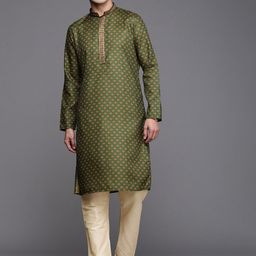 Manyavar Men Olive Green & Mustard Yellow Ethnic Motifs Printed Kurta with Churidar-picture-18