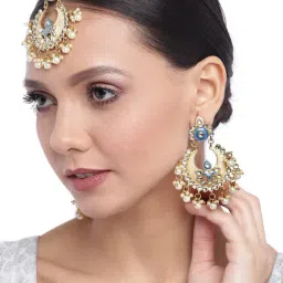 Zaveri Pearls Enamelling Blue Kundan & Pearls Wedding Collection Earring & Maangtikka Set-ZPFK9747-picture-17