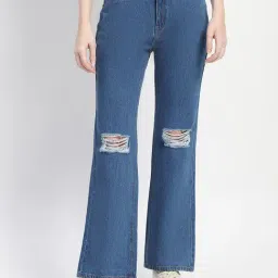 MADAME Blue Cotton Distressed High Rise Jeans-image-86