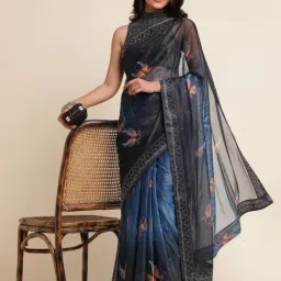 FABMORA Blue & Black Embellished Saree With Unstitched Blouse image 4