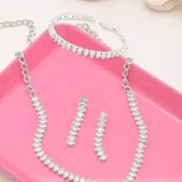 Zaveri Pearls Silver Marquise Shaped Cubic Zirconia Necklace Earring & Bracelet Set for Women-image-28