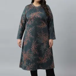 W Blue Floral Print A Line Winter Kurta image 1