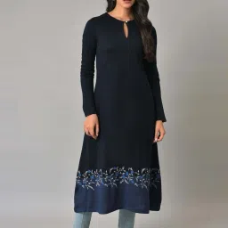W Navy Floral Print A Line Winter Kurta image 1