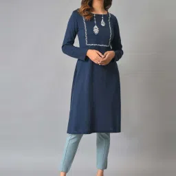 W Blue Embroidered A Line Winter Kurta image 1