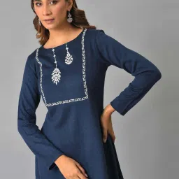 W Blue Embroidered A Line Winter Kurta image 5