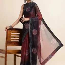 FABMORA Black & Maroon Embellished Saree With Unstitched Blouse image 4