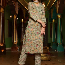 Sangria Floral Printed Pure Cotton Kurta With Trousers & Dupatta Set image 4