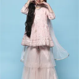 BIBA Girls Light Pink Embroidered Kurta, Gharara with Dupatta image 5