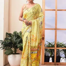 Satrani Yellow Linen Floral Print Saree With Unstitched Blouse-image-40