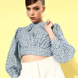 KASSUALLY Blue Cotton Embroidered Crop Top-image-32