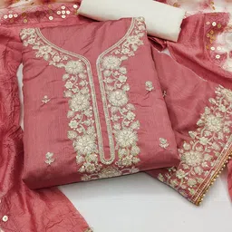 BlissFlair Floral Embroidered Sequinned Chanderi Silk Unstitched Dress Material-picture-30