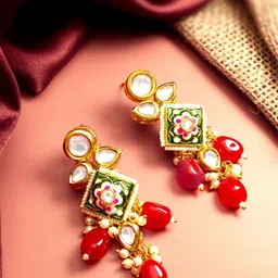 Anouk Gold-Plated Kundan Studded & Pearls Beaded Contemporary Drop Earrings-picture-21