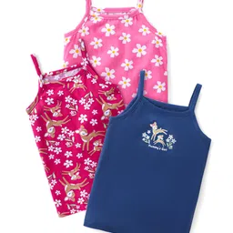 Babyhug 100% Cotton Knit Singlet Sleeves Slips With Deer & Floral Print Pack of 3 - Blue & Pink-image-85