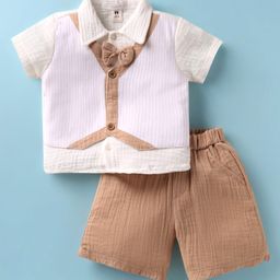 ToffyHouse Cotton Knit Half Sleeves Solid Shirt & Shorts With Bow Applique - White & Khaki-picture-16