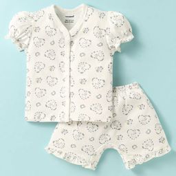 CUCUMBER Sinker Knit Puffed Sleeves Shorts Co-ords Night Suit with Duck Print - White-picture-18