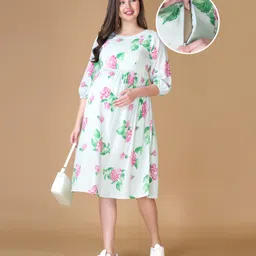 Bella Mama Woven Three Fourth Sleeve Maternity Dress With Floral Print - Aqua Blue-picture-11