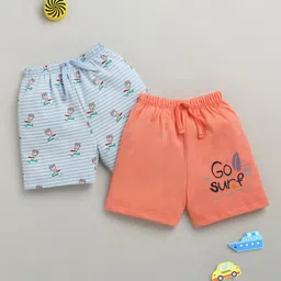BUMZEE Cotton Knit Above Knee Length Teddy Bear Printed Shorts Pack of 2 - Coral & Light Blue-picture-27