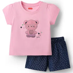 Babyhug Cotton Knit Half Sleeves Shorts Night Suit With Bear Print - Pink & Navy Blue-image-50