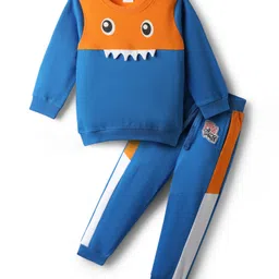 Babyhug Terry Knit Full Sleeves Cut & Sew T-Shirt & Lounge Pant Set with Teeth Applique - Blue-picture-26