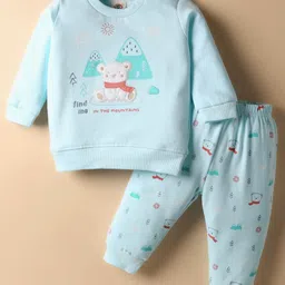 Zero Fleece Knit Full Sleeves Night Suit with Animal Embroidery & Patch - Light Blue-picture-18