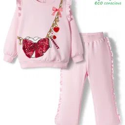 Babyoye 100% Cotton Knit Full Sleeves Winter Wear T-Shirt & Lounge Pant Set With Sequin Detailing & Bow Print - Pink-picture-16