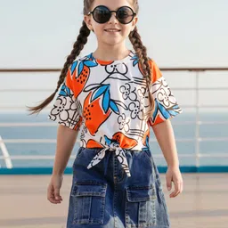 OLLINGTON ST. Cotton Knit Tropical Printed Half Sleeves Top & Denim Set Skirt - White & Blue-picture-21