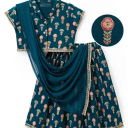EARTHY TOUCH Single Jersey Knit Half Sleeves Choli Lehenga & Dupatta Set With Floral Foil Print - Green-picture-11