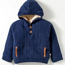 Yellow Apple Knit Full Sleeves Pull Over Sweater With Hood & Cable Knit Design - Navy Blue-image-90