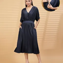 Zelena 95% Viscose 5% Lycra Knit Half Sleeves Solid Maternity Dress With Front Open Nursing Access - Navy Blue-picture-25