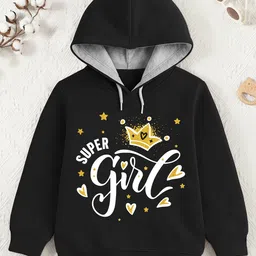 Trampoline Fleece Knit Full Sleeves Super Girls Text Printed Light Winter Hooded Sweatshirt - Black-picture-16