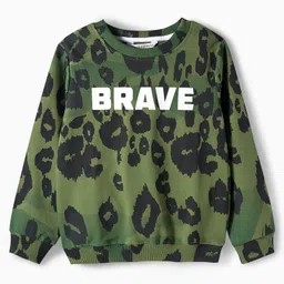 OLLINGTON ST. Cotton Knit Full Sleeves Brave Text Printed Sweatshirts & Joggers Set - Olive Green & Black image 2