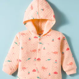Tango Knit Full Sleeves Hooded Co-Ord Winter Night Suit With Sea Life Print - Peach image 2