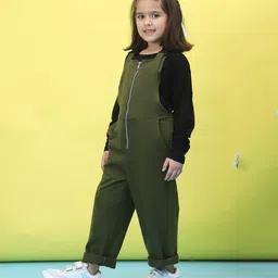 BaawRi French Terry Zipper Dungaree With Full Sleeves Solid Top Set - Olive Green & Black image 4