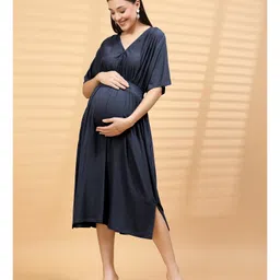 Zelena 95% Viscose 5% Lycra Knit Half Sleeves Solid Maternity Dress With Front Open Nursing Access - Navy Blue image 4