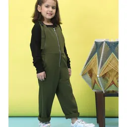 BaawRi French Terry Zipper Dungaree With Full Sleeves Solid Top Set - Olive Green & Black image 5