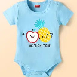 Babyhug Interlock Knit Half Sleeves Onesies with Stripes & Tropical Print Pack of 3 - Navy Blue & Light Blue image 4