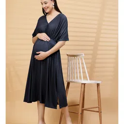 Zelena 95% Viscose 5% Lycra Knit Half Sleeves Solid Maternity Dress With Front Open Nursing Access - Navy Blue image 5
