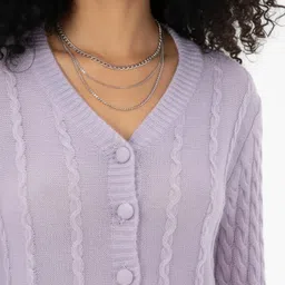 glitchez Self Striped V-Neck Drop-Shoulder Sleeves Cardigan image 5