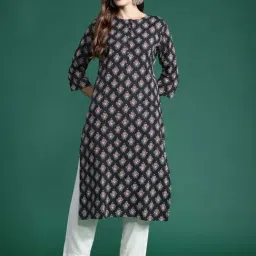 Indo Era Black Cotton Printed Straight Kurta-picture-14