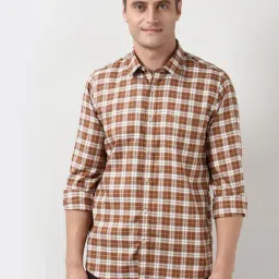 Peter England Brown Cotton Slim Fit Chequered Shirt-picture-21
