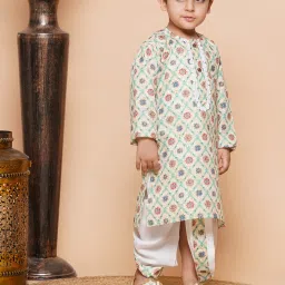 AJ Dezines Kids Light Yellow & White Floral Print Full Sleeves Kurta with Dhoti image 3