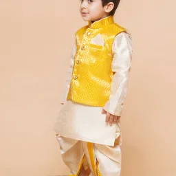 AJ Dezines Kids Beige & Yellow Self Design Full Sleeves Kurta, Dhoti with Waistcoat image 3