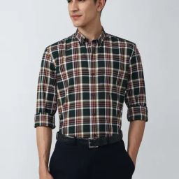 Peter England Elite Green Cotton Slim Fit Checks Shirts-picture-22