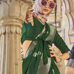 Satrani Green & Golden Woven Saree With Unstitched Blouse image 3